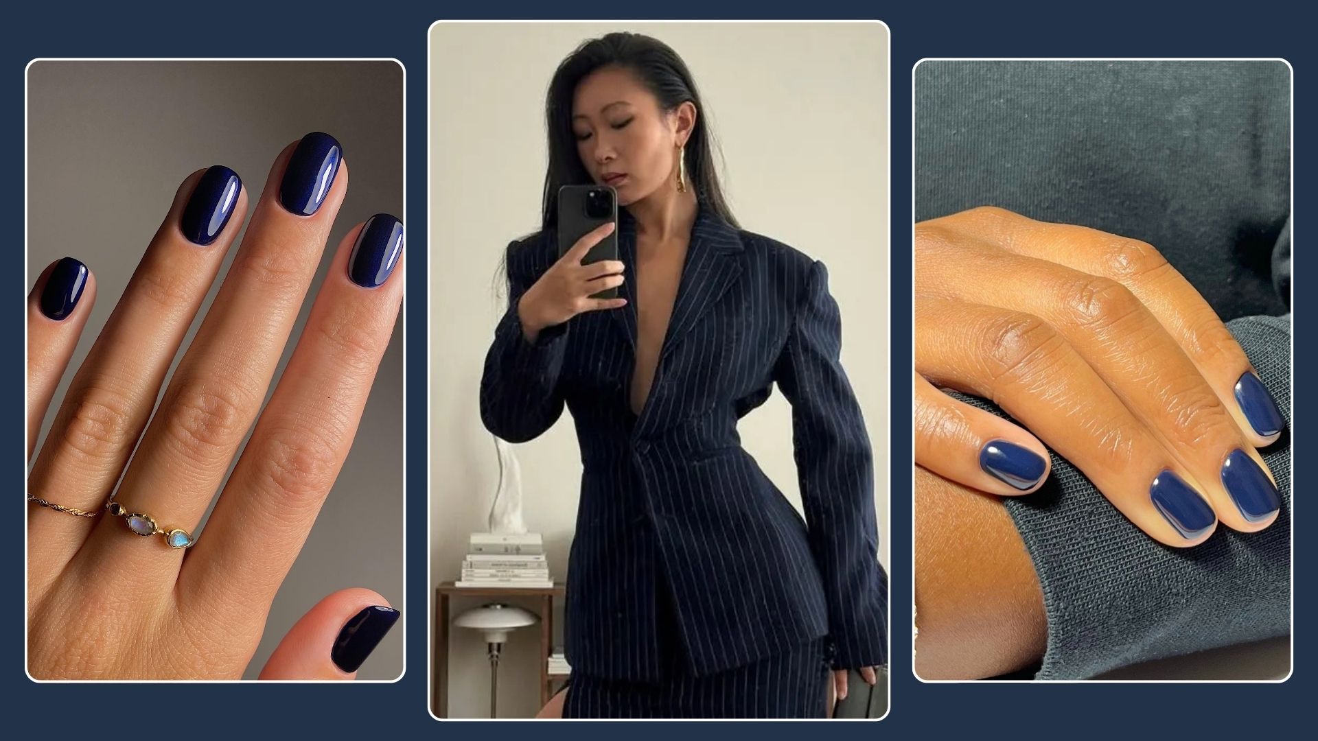 A collage of navy manicures and a photo of @thecarolinelin in a navy pinstripe outfit