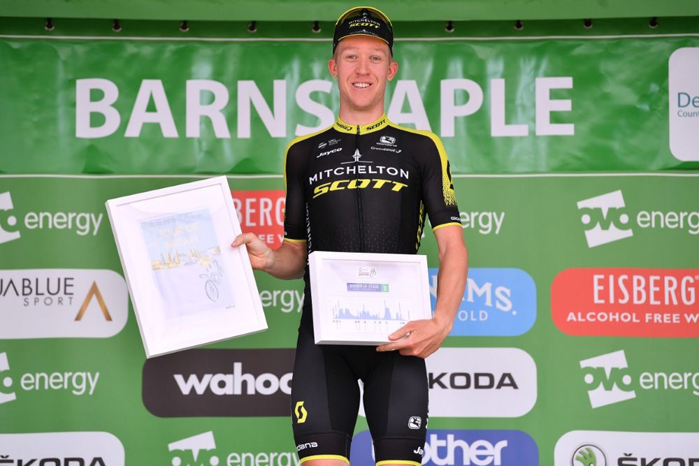 Cameron Meyer (Mitchelton-Scott) on the podium after winning stage 2 of the Tour of Britain
