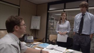 Jim and Pam talking to Dwight in The Office