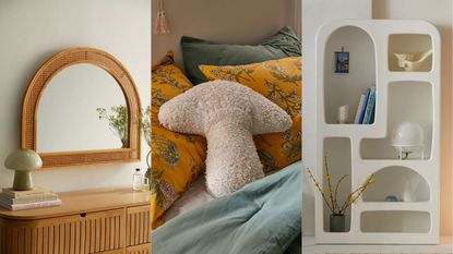 A three panel image of products on sale at Urban Outfitters for Labor Day - a Marte Dresser Mirror, a bouclé mushroom throw pillow, and an Isobel throw pillow