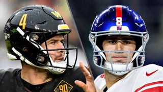 (L to R) Taylor Heinicke and Daniel Jones will face off in the Commanders vs Giants live stream