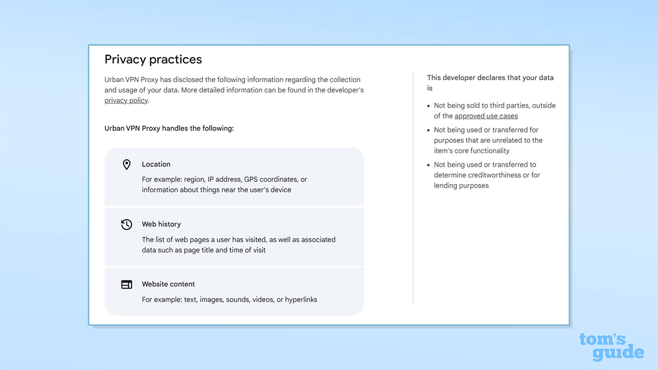 Screenshot of Urban VPN Proxy's privacy practices section of its Google Play store listing