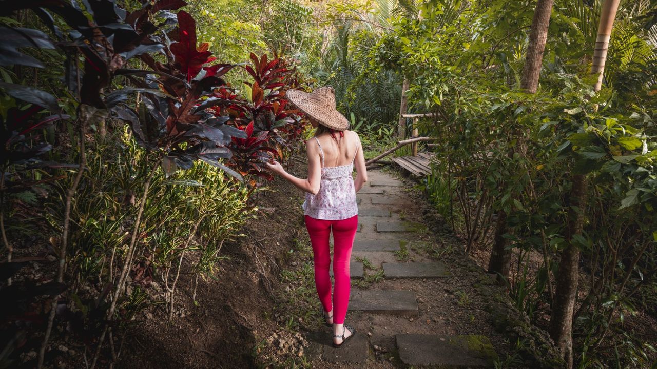 woman walking through tropical forest