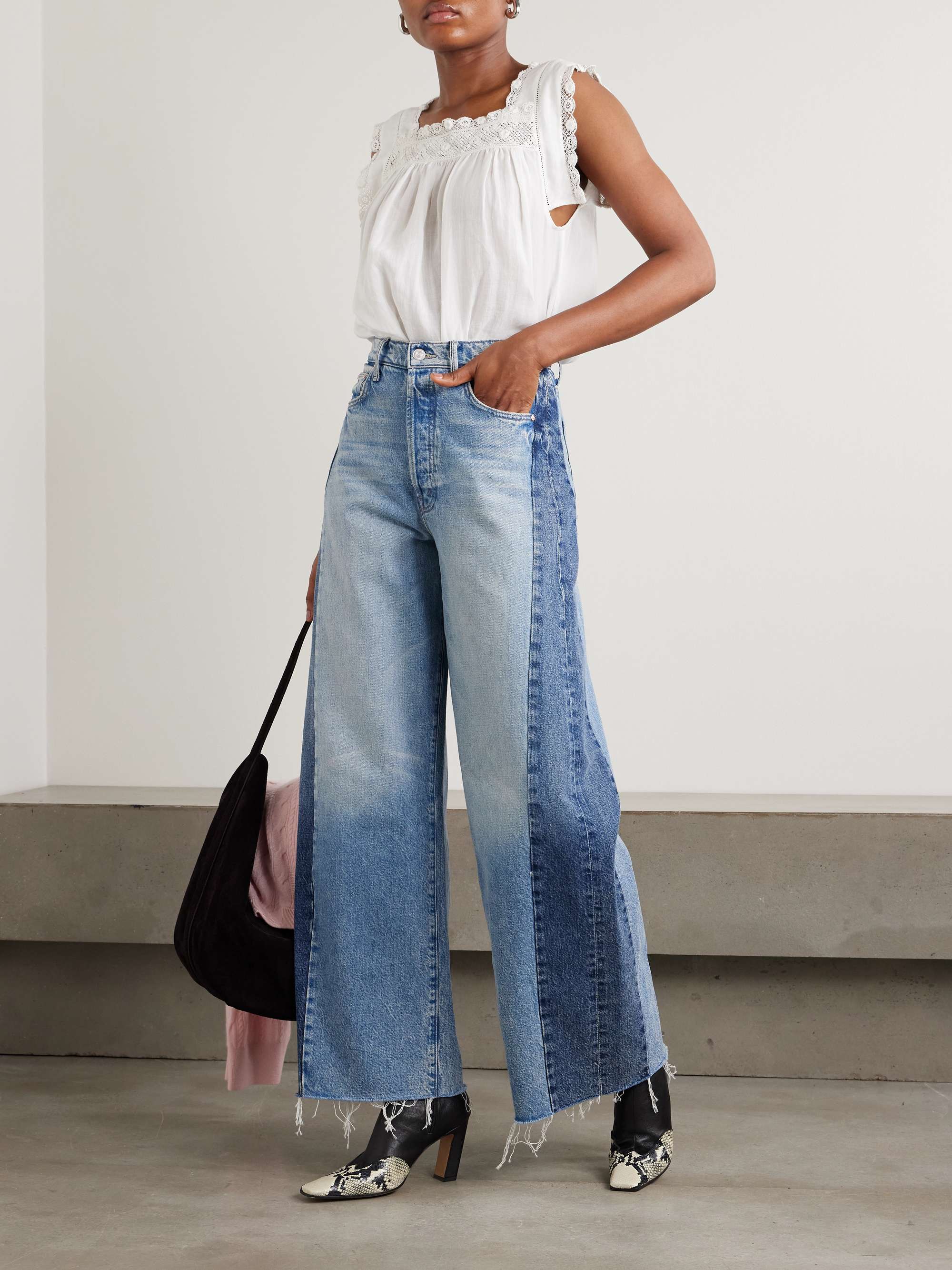 The Pipe Dream Button Sneak Fray Distressed High-Rise Wide-Leg Jeans