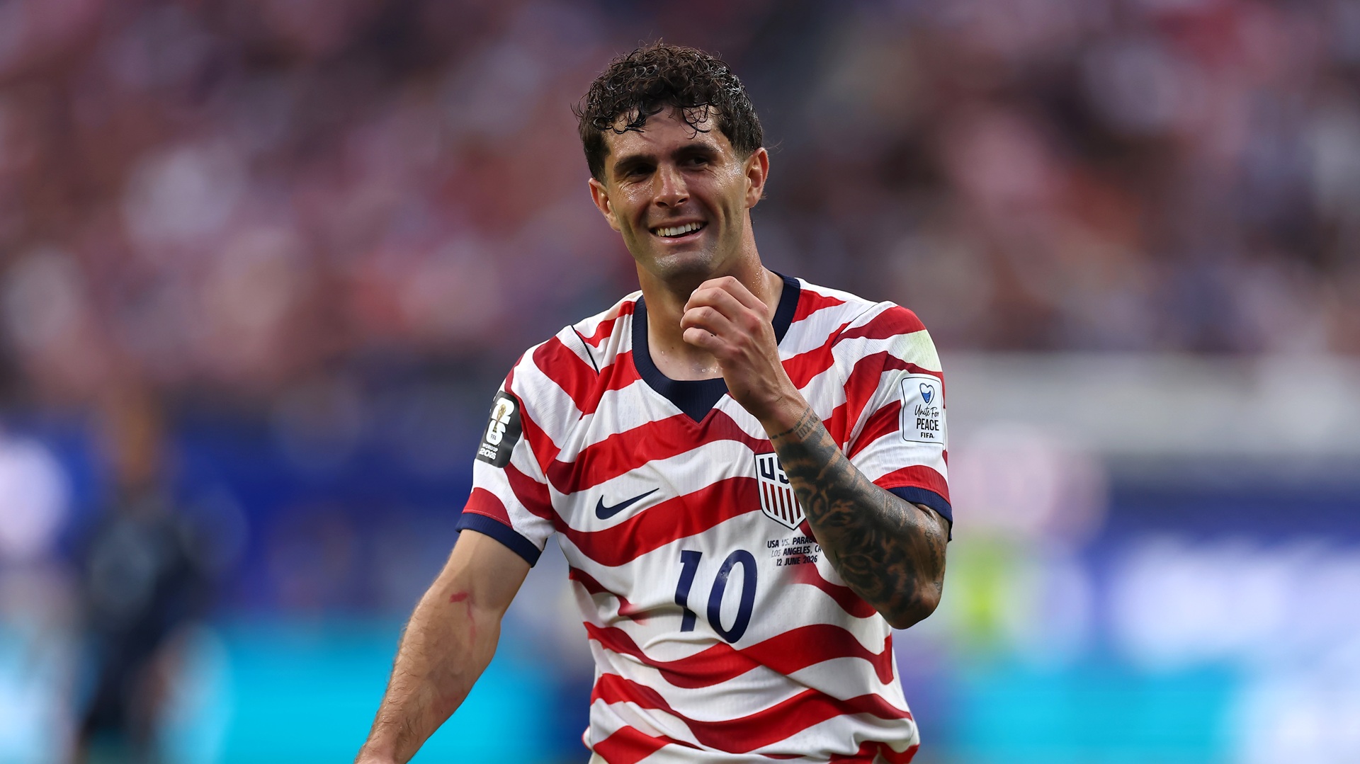 INGLEWOOD, CALIFORNIA - JUNE 12: Christian Pulisic #10 of the United States in action during the FIFA World Cup 2026 Group D match between USA and Paraguay at Los Angeles Stadium on June 12, 2026 in Inglewood, California. (Photo by Dean Mouhtaropoulos/Getty Images)