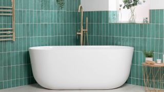 turquoise rectangular wall tiles around a bath