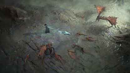 Demonic enemies approach a player in Diablo 4: Lord of Hatred, who shoots several energy crystals of varying sizes at them