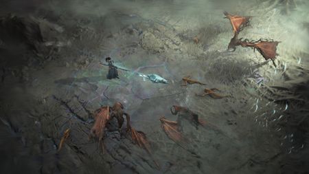 Demonic enemies approach a player in Diablo 4: Lord of Hatred, who shoots several energy crystals of varying sizes at them