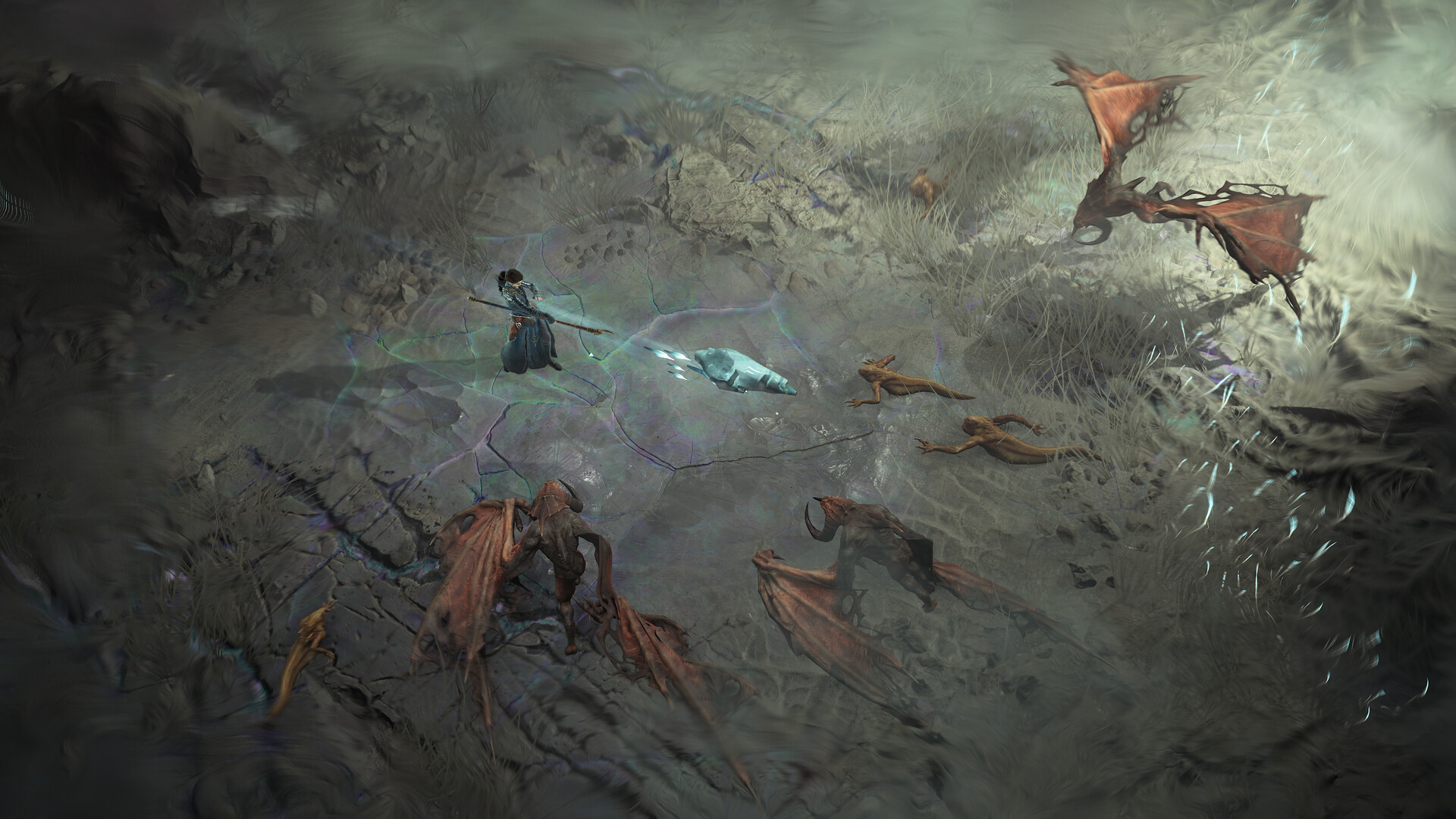 Demonic enemies approach a player in Diablo 4: Lord of Hatred, who shoots several energy crystals of varying sizes at them
