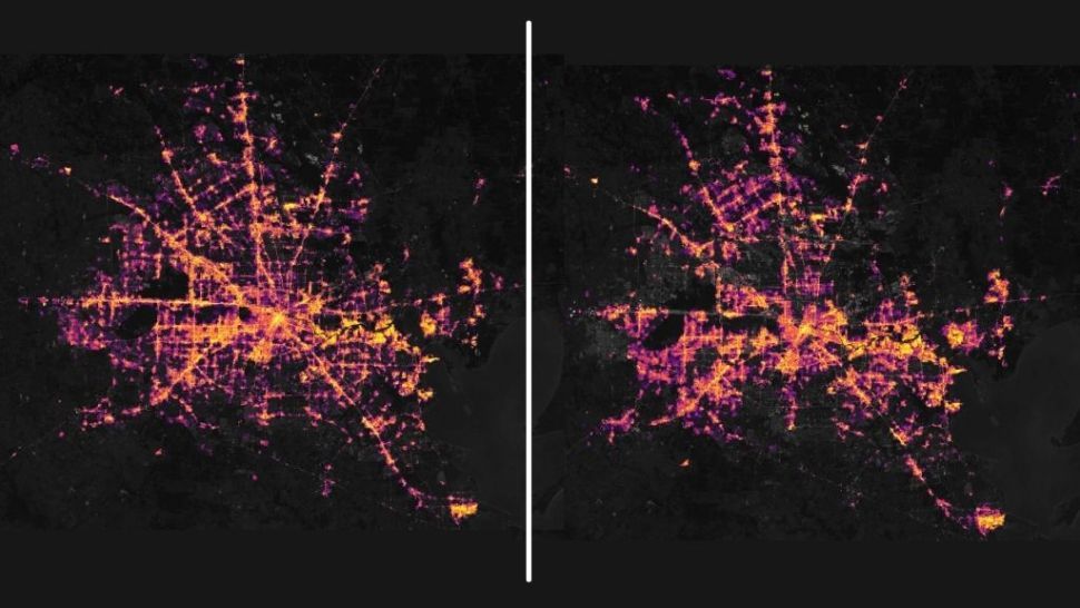 The left image shows the Houston area in the middle of the night on Feb. 7, before a potent arctic weather system hit the state. The right image shows the power outages still occuring on Feb. 16.