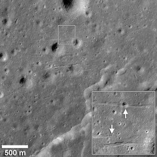 A series of graben in a patch of mare basalts that occupy a valley south of Mare Humorum cut across and deformed several small diameter impact craters. The walls and floors of the graben crosscut a degraded 27 m diameter crater (inset, upper white arrow) and a 7 m diameter crater (inset, lower white arrow). Since small craters only have a limited lifetime before they are destroyed by other impacts, their deformation by graben indicates that these fault-bound troughs are relatively young.