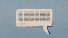 Photo collage of a speech bubble with binary code in it, and "like", "share", and "comment" icons.