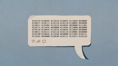 Photo collage of a speech bubble with binary code in it, and "like", "share", and "comment" icons.