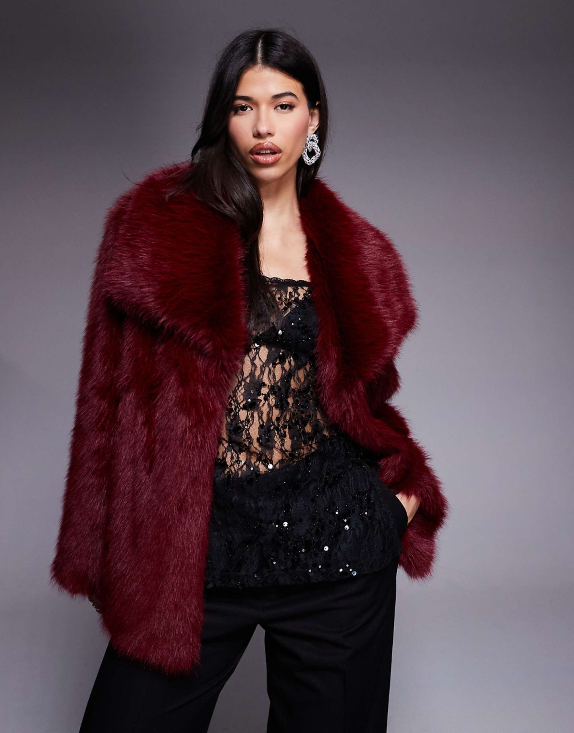 Asos Design Top Collar Faux Fur Coat in Red