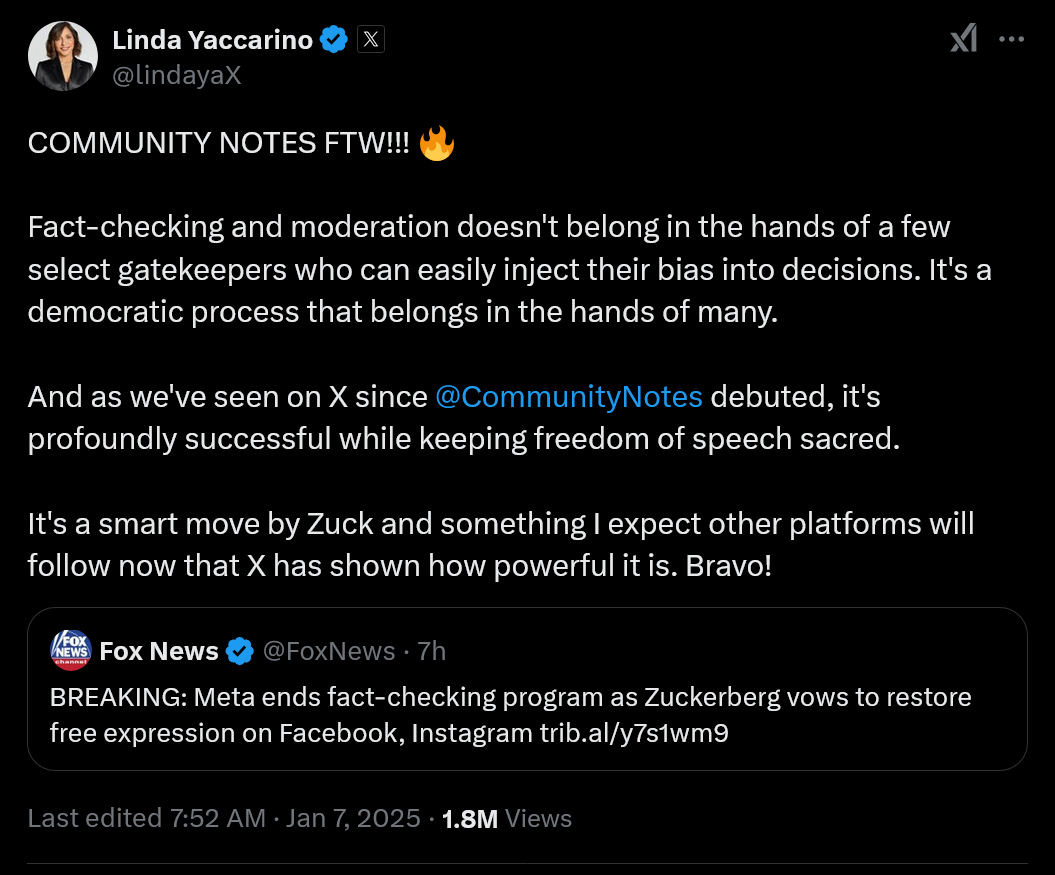 COMMUNITY NOTES FTW!!! 🔥Fact-checking and moderation doesn't belong in the hands of a few select gatekeepers who can easily inject their bias into decisions. It's a democratic process that belongs in the hands of many. And as we've seen on X since @CommunityNotes debuted, it's profoundly successful while keeping freedom of speech sacred.It's a smart move by Zuck and something I expect other platforms will follow now that X has shown how powerful it is. Bravo!