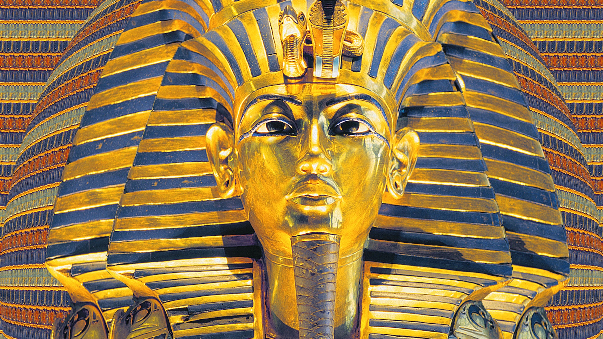 An image of King Tut&#039;s death mask with a patterned background
