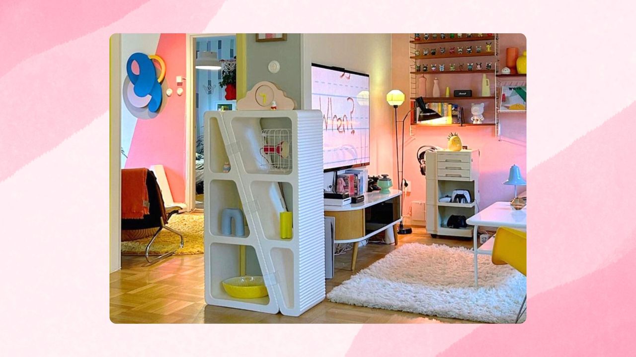 A colorful living room with a bookshelf and a TV