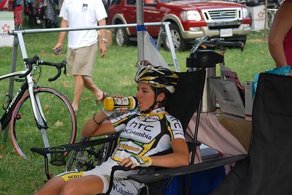 Evelyn Stevens hydrates before the race.