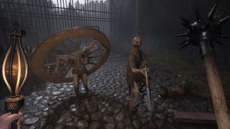 A screenshot of Decrepit showing the main character wielding medieval weapons against undead foes. 