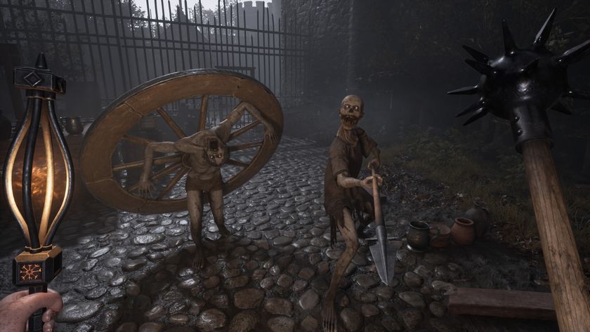 A screenshot of Decrepit showing the main character wielding medieval weapons against undead foes. 