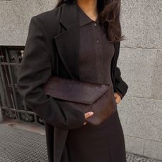 @ingridedvinsen wearing a brown wool coat, collared cardigan, pencil skirt, low heels, and pony hair clutch 