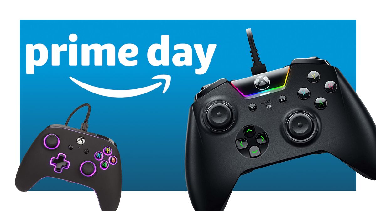 A Amazon Prime logo next to two controllers on a blue background