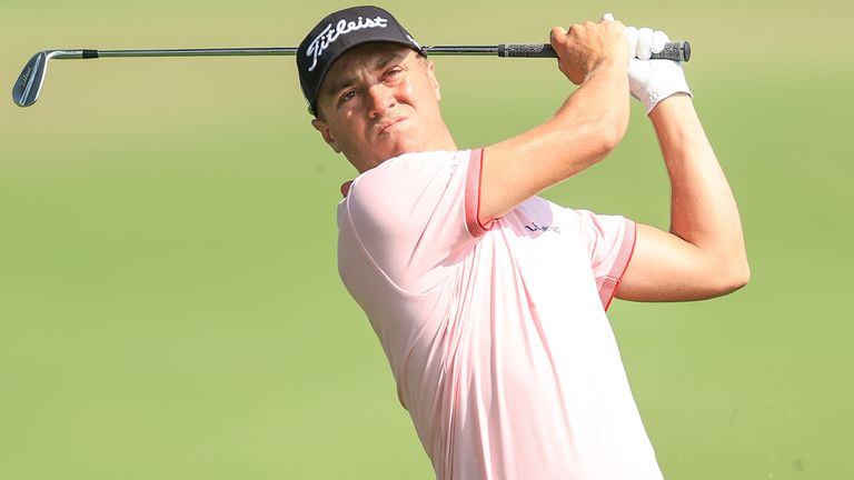 Justin Thomas takes a tee shot at the 16th in the final round of the 2022 PGA Championship 