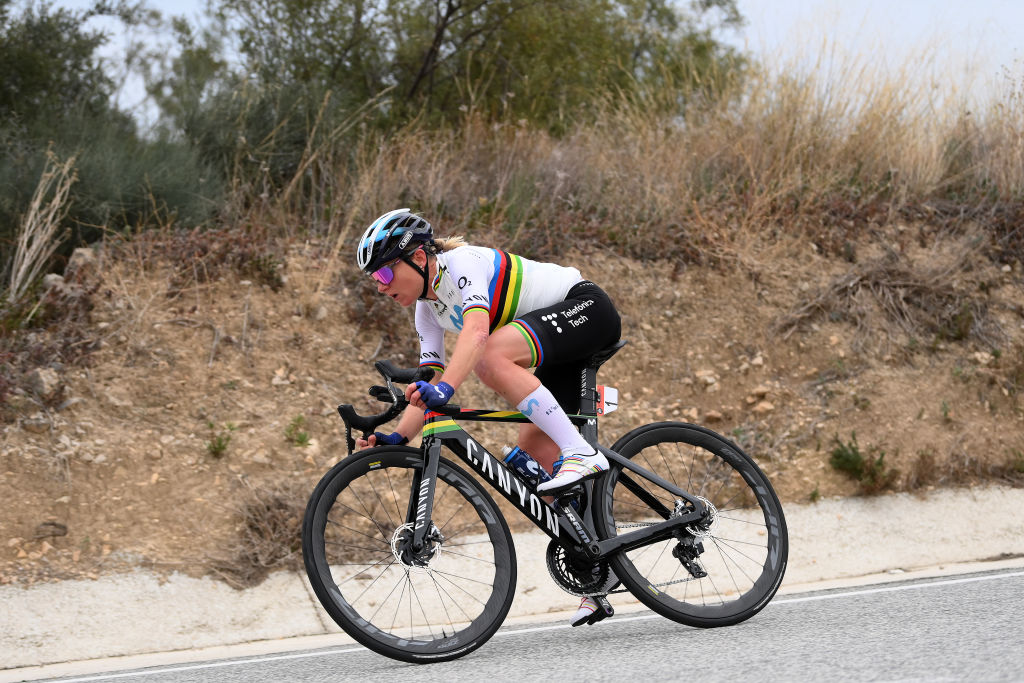 ALTEA SPAIN FEBRUARY 18 Annemiek Van Vleuten of The Netherlands and Movistar Team competes during the 7th Setmana Ciclista Volta Comunitat Valenciana Femines 2023 Stage 3 a 132km stage from Agost to Altea SetmanaCiclista23 on February 18 2023 in Altea Spain Photo by Alex BroadwayGetty Images