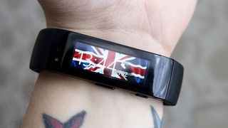 The original Microsoft Band with a Union Jack wallpaper
