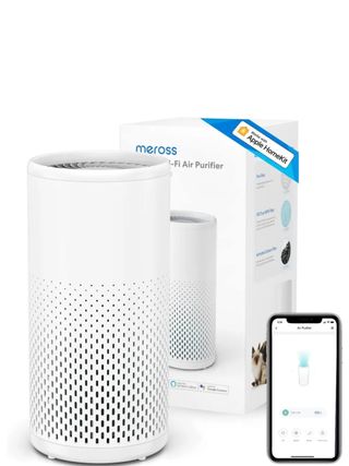 meross Smart Wi-Fi Air Purifier, app, and packaging on a white background.