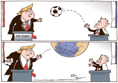 Political cartoon U.S. Trump Putin Helsinki summit World Cup soccer ball