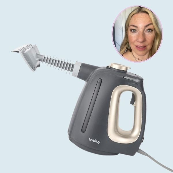 The Beldray 15-in-1 Steam Cleaner, with an inset portrait of the tester.