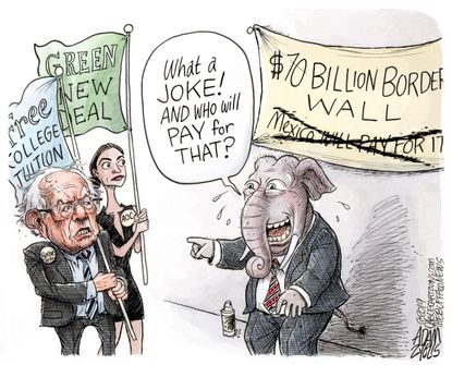 Political Cartoon U.S. Bernie AOC 2020 presidential election promises