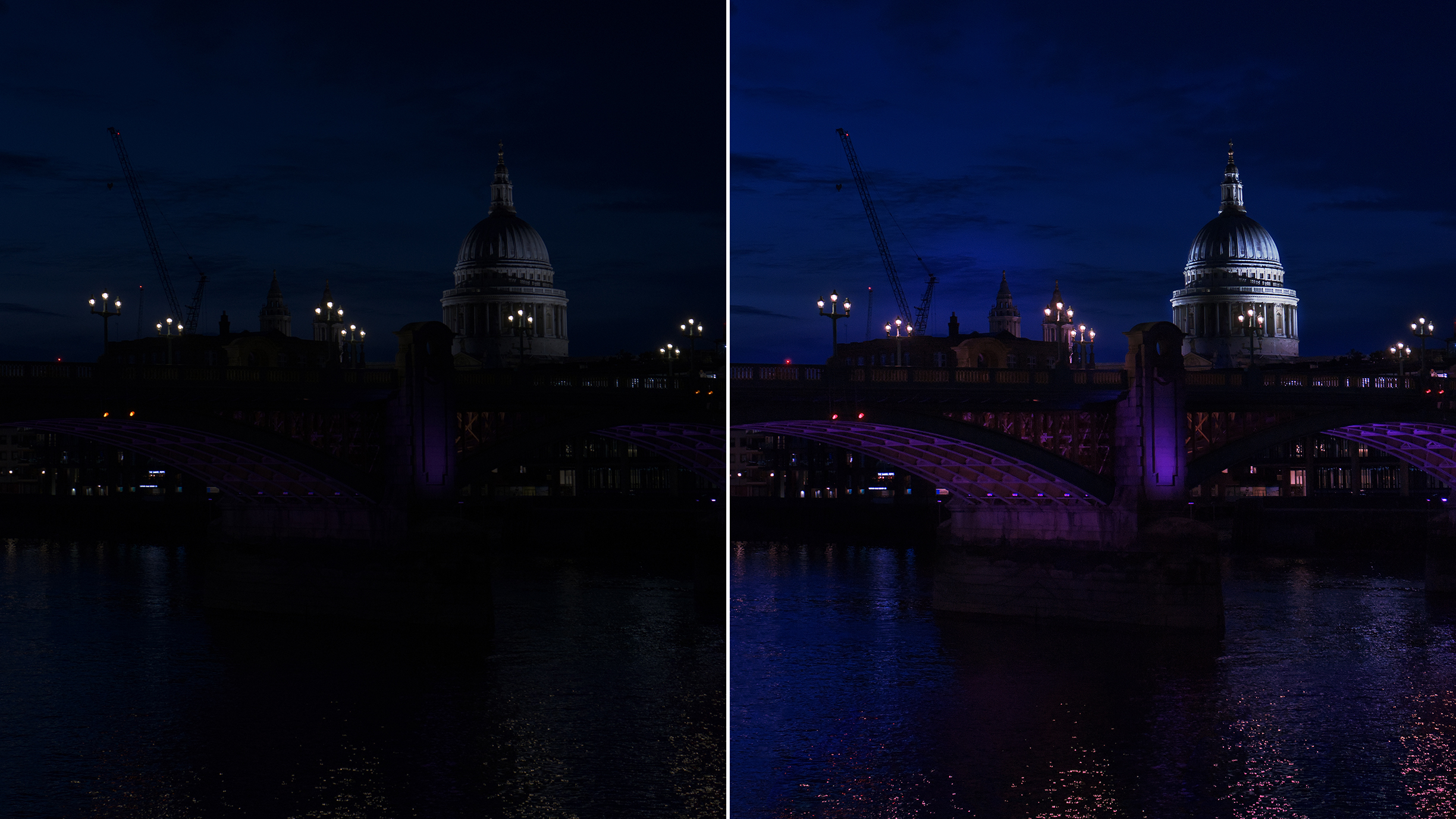 A nighttime view of St. Paul's Cathedral, illuminated with lights, beside a bridge reflected in the Thames River against a deep blue sky