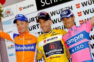Steven Kruijswijk (Rabobank), Levi Leipheimer (RadioShack) and Damiano Cunego (Lampre-ISD) on the podium.