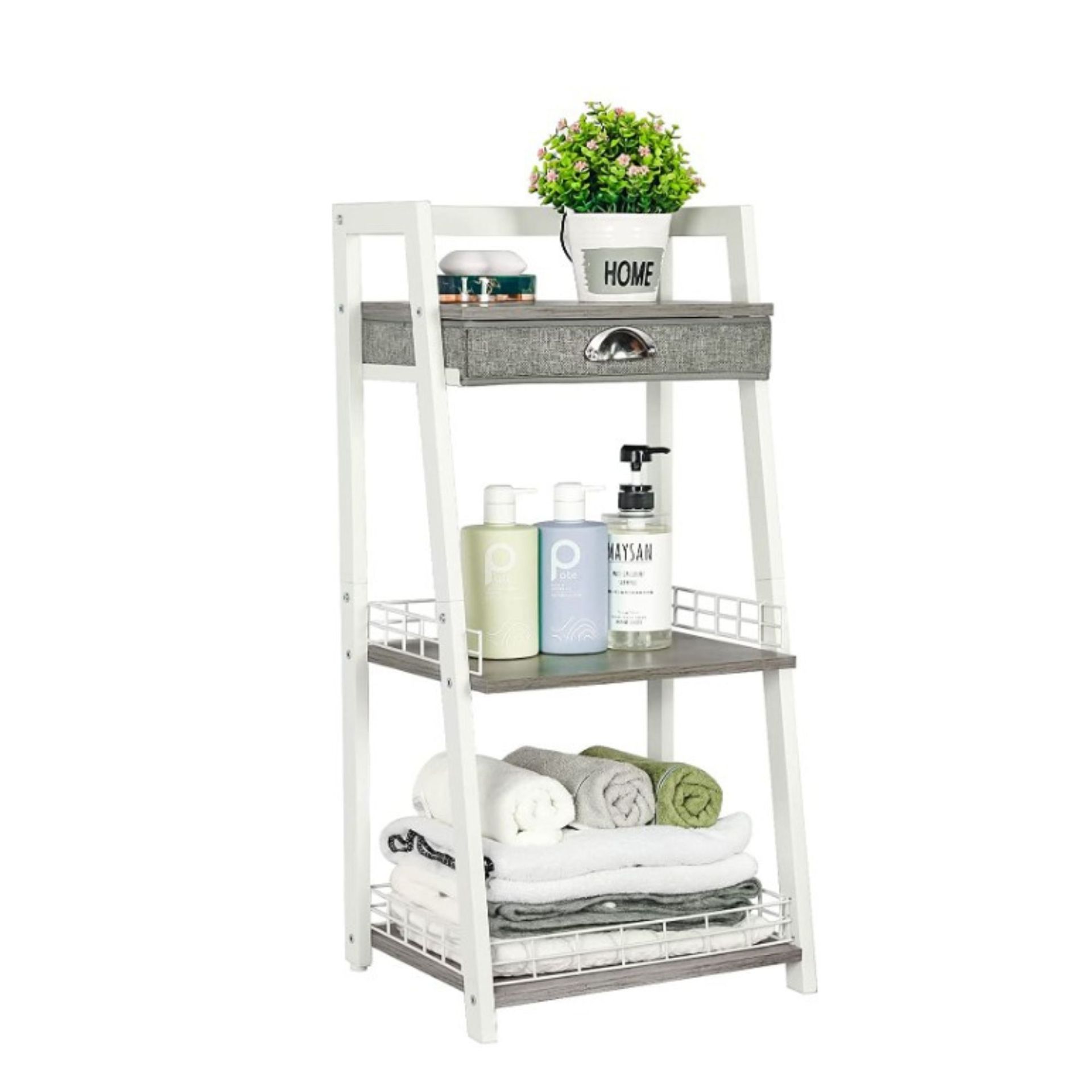 Rak kamar mandi putih dengan dekorasi