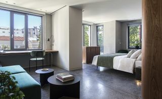 Spacious guestroom with large windows