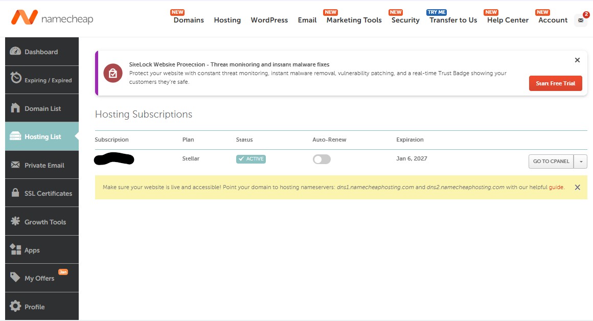 An image of namecheap's dashboard