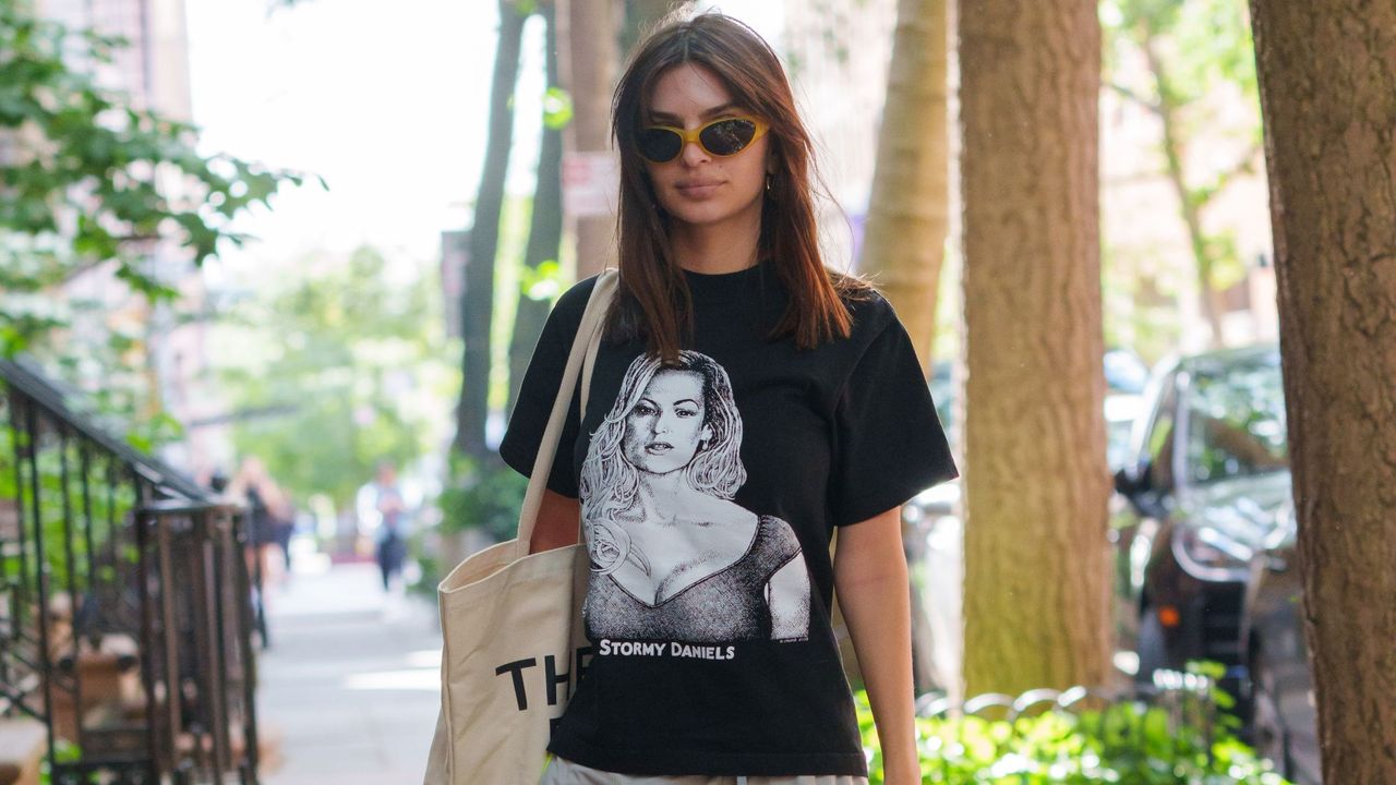 Emily Ratajkowski wearing a Stormy Daniels T-shirt