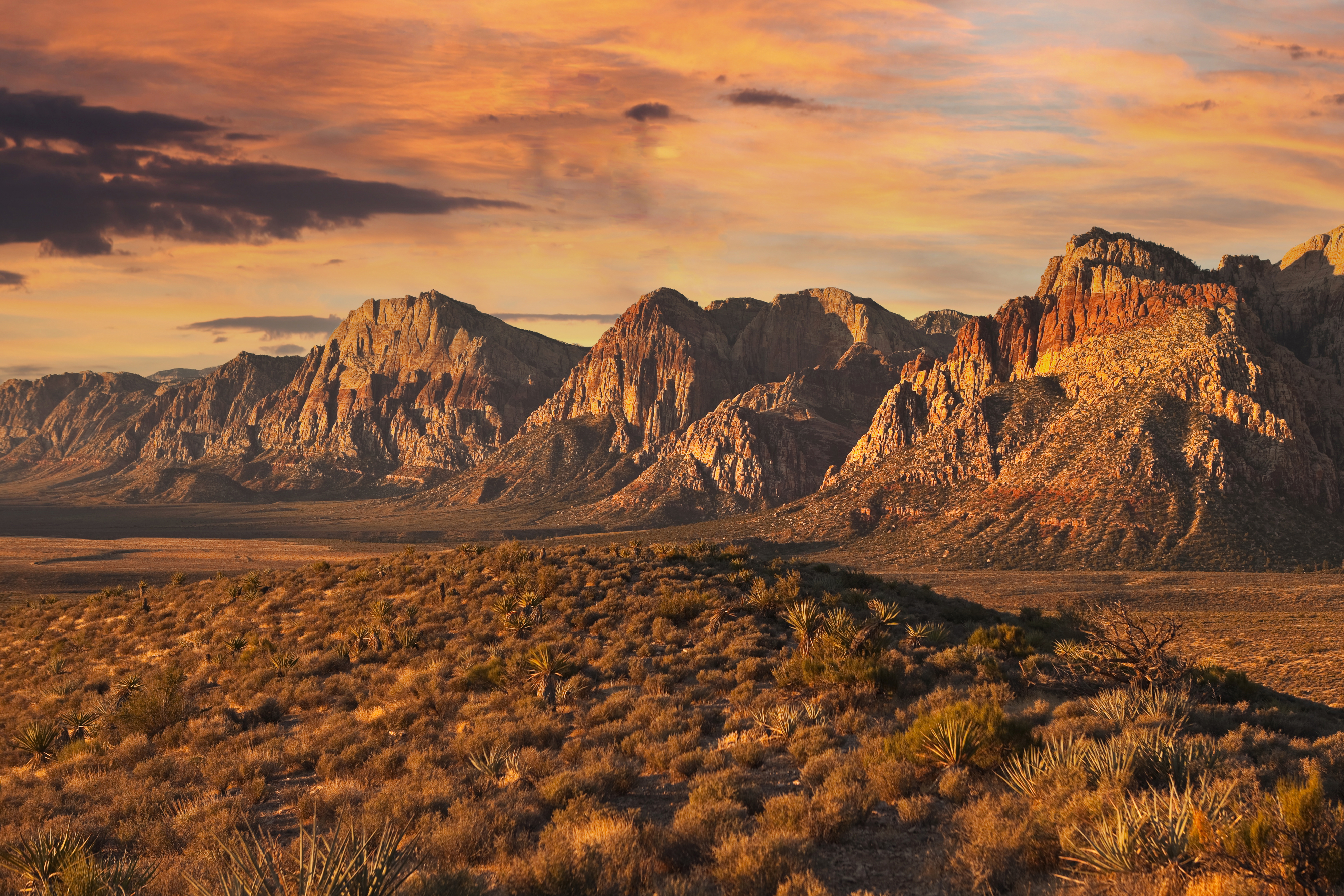 The fiery red rocks at sunset at Red Rock Canyon National Conservation Area in Nevada