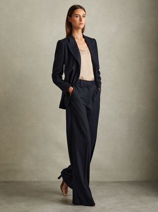 Reiss, Textured Wide Leg Suit Trousers in Navy