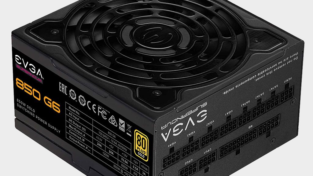 EVGA Supernova 850W power supply on a gray background.