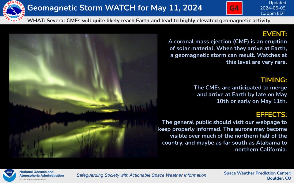 There is an image of auroras on the left and information on this weekend's storm warning on the right.