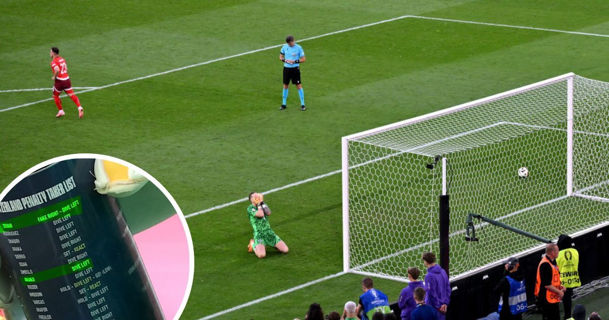 A general view as Jordan Pickford of England reacts after Xherdan Shaqiri of Switzerland scores the team&#039;s third penalty in the penalty shoot out during the UEFA EURO 2024 quarter-final match between England and Switzerland at Düsseldorf Arena on July 06, 2024 in Dusseldorf, Germany