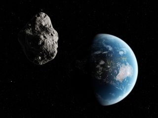 a grey rock heading towards a blue and white planet