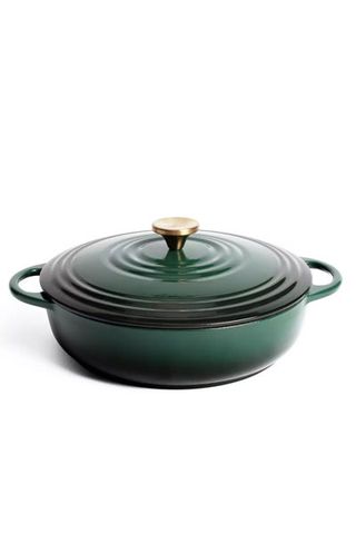 dark green cast iron casserole dish