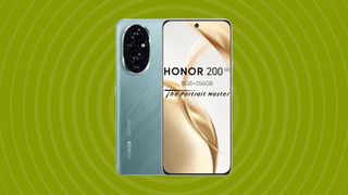 The Honor 200 on a green background.