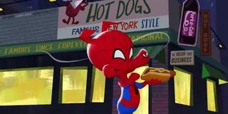 Spider-Ham eating a hotdog in spider-man into the spider-verse