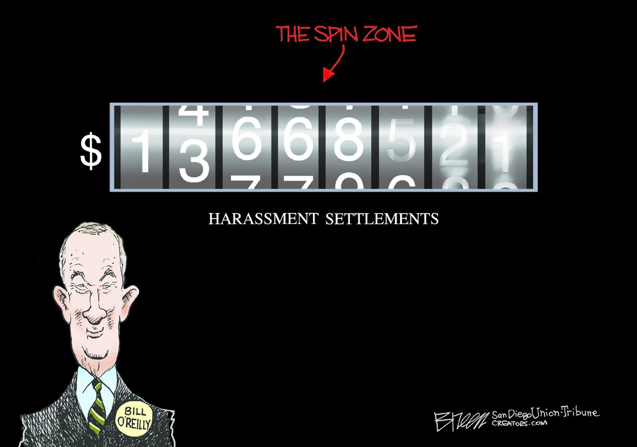 Editorial Cartoon U.S. Bill O&amp;#039;Reilly Fox News sexual harassment lawsuits spin zone