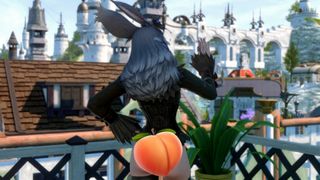 A Viera with her butt being covered up by a peach emoji.